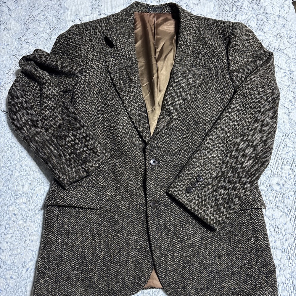 J. Riggins Mens 40R Herringbone Blazer Brown Tweed Two Button Sport Coat Vintage